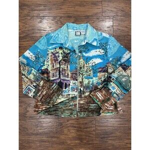 Vintage Take Two Clothing Cityscape Print Button Up Shirt Jacket Womens L Cotton